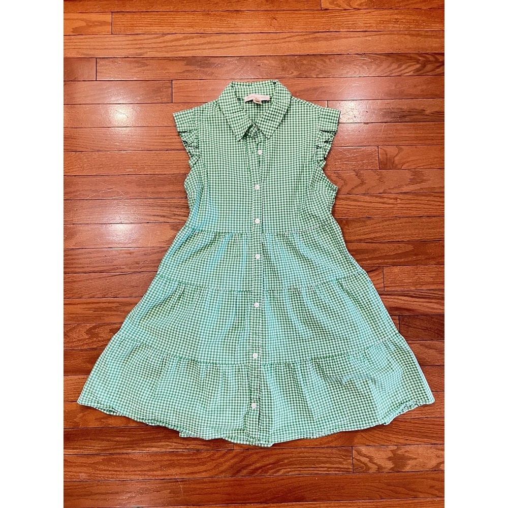 Monteau Los Angeles Girls Large Green Gingham Tiered Button Front Dress L